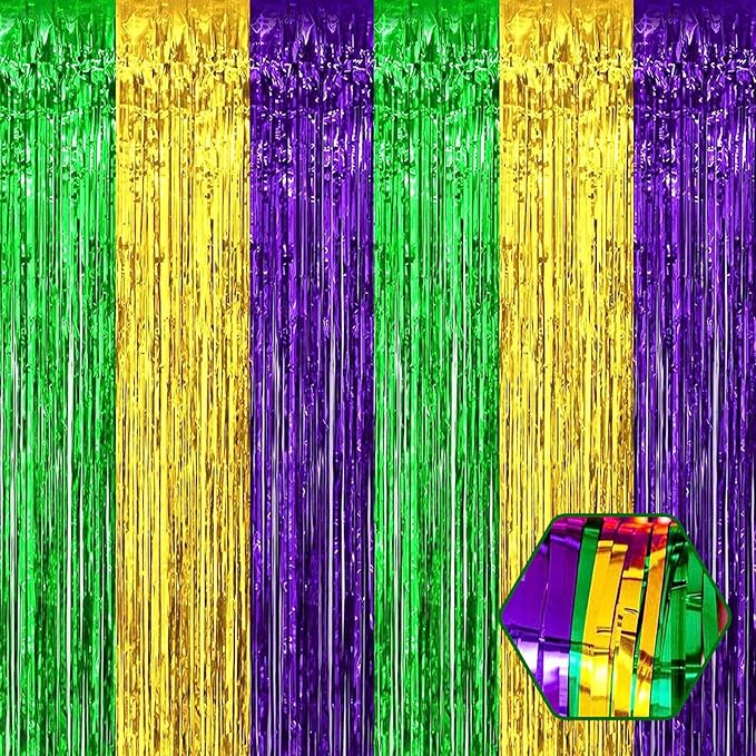 3 Pack Gold Green Purple Foil Fringe Curtain Backdrop, 3.28Ft x 8.2Ft Metallic Tinsel Foil Fringe Streamer Curtains for Photo Booth, Mother's Day, Easter, Birthday, Wedding Party Decorations
