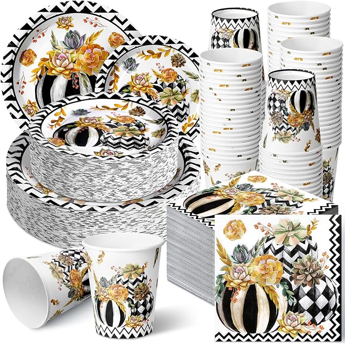 Hsei 250 Pcs Autumn Pumpkin Plates and Napkins Party Decorations Disposable Tableware Sets for Baby Shower Birthday Supplies Serves 50 Guests Dinnerware Bridal Shower Favors