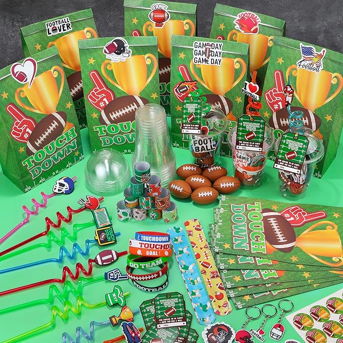 208Pcs Football Party Favors Party Supplies Contains Football Goodie Bags Cups Straw Stickers Mini Football Silicone Bracelets Keychains Thank You Tags Ideal Football Birthday Party Supplies for Team