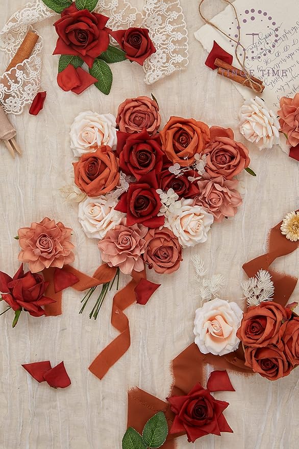 TINGE TIME Artificial Flowers, 25pcs Real Looking Gradient Fall Orange Rose Fake Roses w/Stem for DIY Wedding Bouquets Centerpieces Arrangements Party Baby Shower Home Decorations