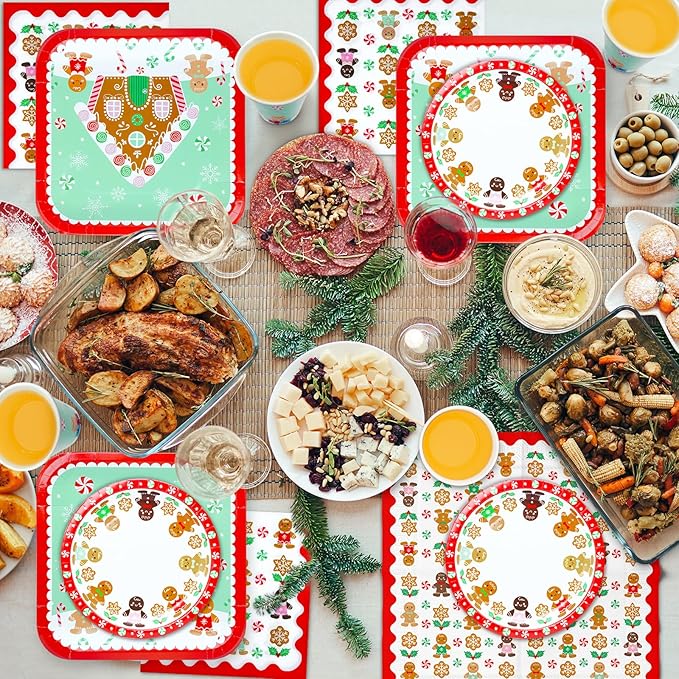 100 Christmas Party Paper Plates Napkins and Cups Set Gingerbread Disposable Dinnerware Set