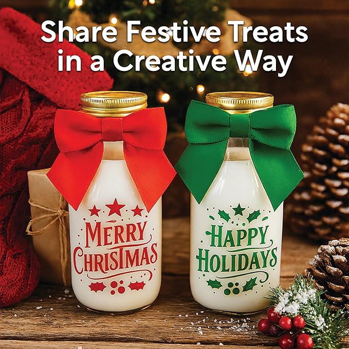 12 Pack Christmas Candy Jars with Ribbons and Stickers - DIY Party Favor Containers for Holiday Parties, Classroom, Stocking Stuffers, and Table Decorations