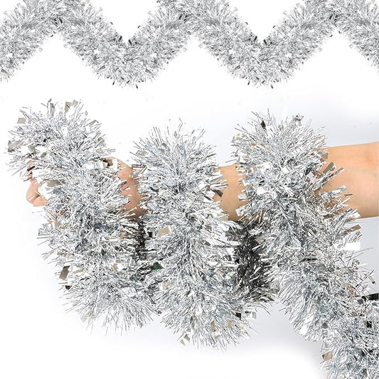 50 Feet Silver Christmas Tinsel Garland Metallic Twist Shiny Hanging Garland for Christmas Tree Decorations Xmas Holiday Decor for Home Indoor Outdoor Party Supplies (Silver)