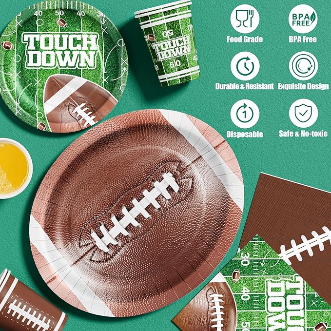Ecomore 205PCS Football Party Decorations (Serves 50), Easter Decoartion Football Birthday Party Supplies with Disposable Paper Plates and Napkin Cup Banner Touchdown Tablecloth Graduation Party Decor