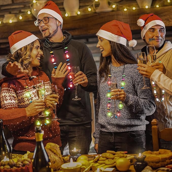 100pcs Christmas Necklaces Bulk, Light up 4 Kinds Christmas Necklace Accessories, Colorful 3 Modes Xmas Bulb Necklaces Party Favors, Xmas Ugly Sweater New Year Family Party Supplies Decorations