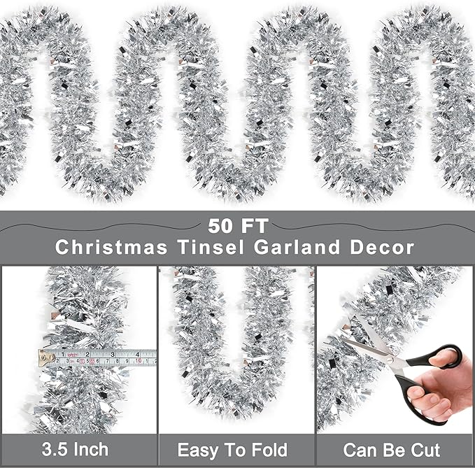 50FT Silver Christmas Tinsel Garland Metallic Twist Xmas Garland for Christmas Tree Decorations Holiday Hanging Garlands for Mantel Staircase Indoor Outdoor Home Office Class Party Holiday Decor