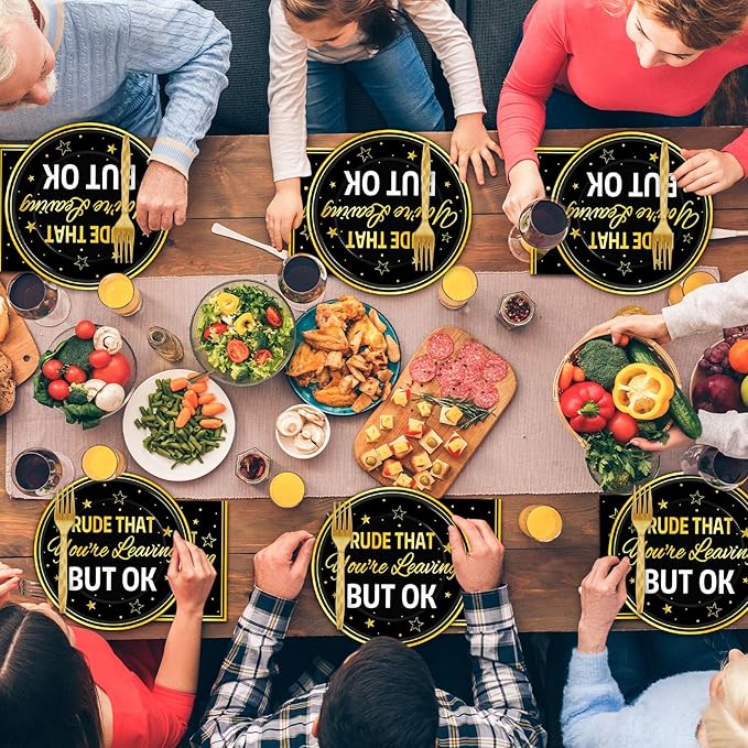 ZOIIWA 96 Pcs Rude That You’re Leaving But OK Party Supplies Set for 24 Guests Coworker Leaving Farewell Tableware Plates Dinnerware Table Decorations for Goodbye Going Away Retirement Party Favors