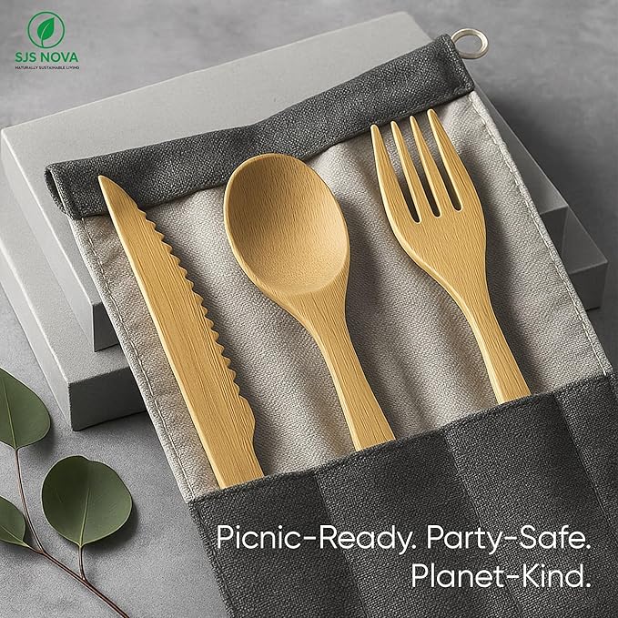 Premium Pre-Rolled Napkin and Bamboo Cutlery Set (60 Pack, 240 PCS) 100% Biodegradable, Eco-Friendly, Disposable Wrapped Cutlery - Includes Pre-Wrapped Bamboo Forks, Knives, Spoons, & Napkins