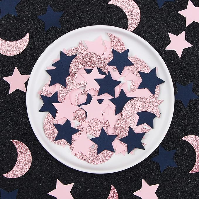 Navy-Blue Pink Rose-Gold Moon-Star Confetti - 300pcs Glitter Twinkle Little Star Table Confetti Eid Ramadan Mubarak Decoration Gender Reveal Birthday Wedding Baby Shower Party Decor Lasting Surprise