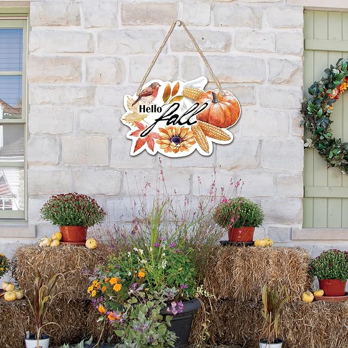 "Hello Fall" Wooden Hanging Sign - 10"Autumn Wood Hanging Decoration,Rustic Thanksgiving Decorative - Applicable Porch Home Wall Indoor Outdoor Decor Or Holiday Gifts For Friends And Family - A04