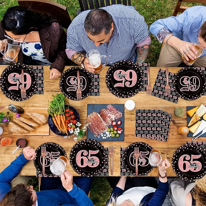 96 Pcs 65th Birthday Plates and Napkins Party Supplies Happy 65th Birthday Decorations Rose Gold and Black 65 Years Old Tableware Set for Women Men Party Favors for 24 Guests