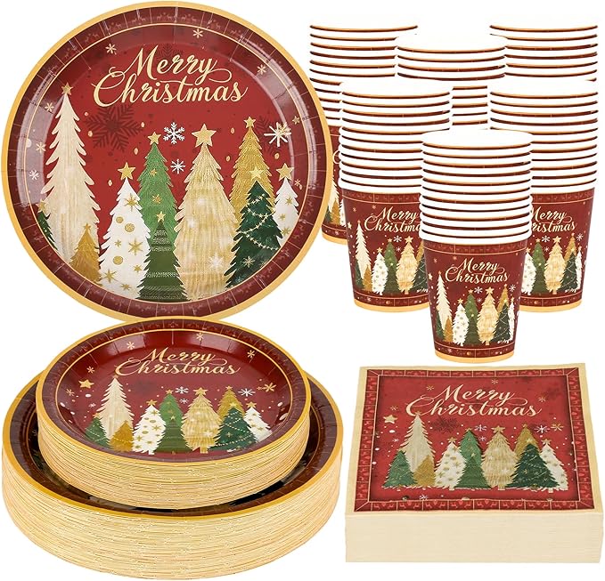 200Pcs Christmas Paper Plates Napkins and Cups Set, Xmas Disposable Party Dinnerware with Merry Tree Design, Holiday Tableware Supplies,Serves 50