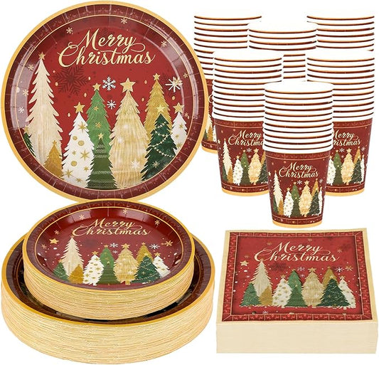 200Pcs Christmas Paper Plates Napkins and Cups Set, Xmas Disposable Party Dinnerware with Merry Tree Design, Holiday Tableware Supplies,Serves 50