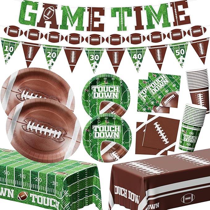 Ecomore 205PCS Football Party Decorations (Serves 50), Easter Decoartion Football Birthday Party Supplies with Disposable Paper Plates and Napkin Cup Banner Touchdown Tablecloth Graduation Party Decor