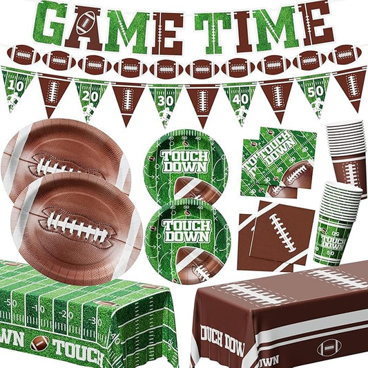 Ecomore 205PCS Football Party Decorations (Serves 50), Easter Decoartion Football Birthday Party Supplies with Disposable Paper Plates and Napkin Cup Banner Touchdown Tablecloth Graduation Party Decor