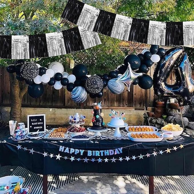 BEISHIDA 3 Packs Metallic Foil Fringe Garland Black Silver Wall Hanging Tinsel Fringe Banners for Car Floats Bridal Shower Wedding Birthday Easter Graduation Holiday Party Decoration(30 Feet)