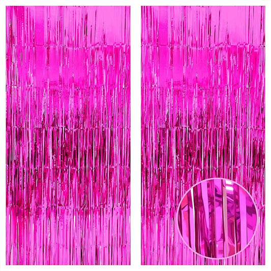 KatchOn, XtraLarge Hot Pink Fringe Backdrop - 3.2x8 Ft, Pack of 2 | Hot Pink Streamers Backdrop for Valentines Decoration | Foil Fringe Curtains for New Years Decorations, Pink Christmas Decorations