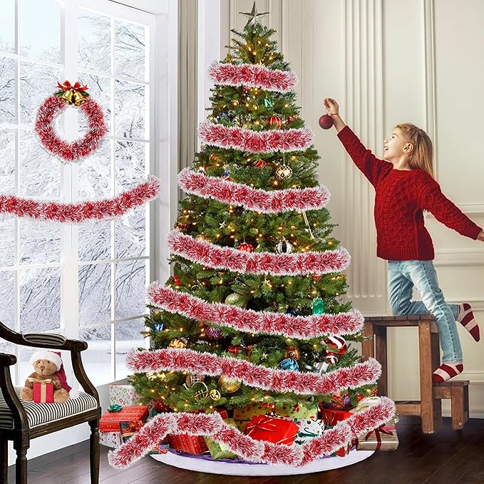 50FT Red White Christmas Tinsel Garland, Metallic Twist Xmas Garlands for Christmas Tree Decorations, Holiday Hanging Garlands for Mantel Staircase Indoor Outdoor Home Office Party Holiday Decor