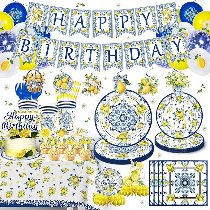 188PCS Capri Lemon Party Supplies Blue Tiles Yellow Birthday Decorations Amalfi Coast Lemon Summer Citrus Mediterranean Plates Napkins Set Banner Tablecloth CakeTopper Balloon Honeycomb Centerpieces