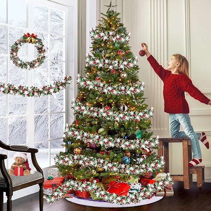 50FT Red Green White Christmas Tinsel Garland with Snowflake Ornaments Metallic Shiny Xmas Garland for Christmas Tree Decoration Holiday Hanging Garlands Indoor Outdoor Home Office Party Holiday Decor