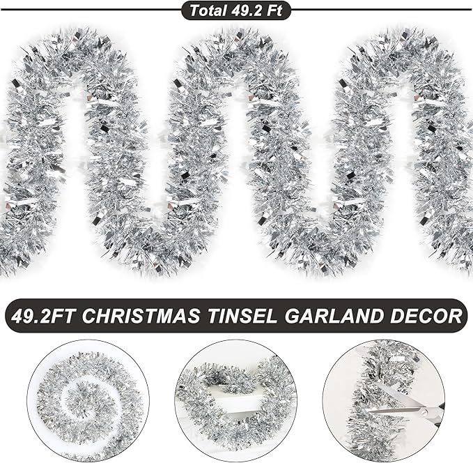 50 Feet Silver Christmas Tinsel Garland Metallic Twist Shiny Hanging Garland for Christmas Tree Decorations Xmas Holiday Decor for Home Indoor Outdoor Party Supplies (Silver)