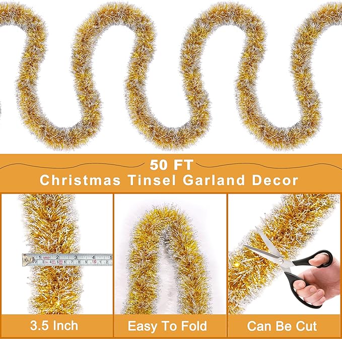 50FT Gold White Christmas Tinsel Garland, Metallic Twist Xmas Garlands for Christmas Tree Decorations, Holiday Hanging Garlands for Mantel Staircase Indoor Outdoor Home Office Party Holiday Decor