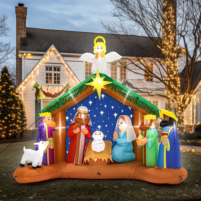 10FT Christmas Inflatables Decor, Blow Up Christmas Nativity Scene, LED Lighted The Birth of Jesus Scene Inflatables Decor, Outdoor Inflatable Decorations for Xmas Yard Lawn Patio