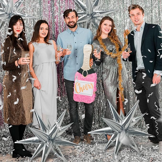 60Pcs Silver Star Balloons Birthday Decorations Explosion Mylar Balloons 12 Spike Balloon Large Foil Prom Balloon for Wedding Anniversary Christmas New Year Eve Party Backdrops Supplies