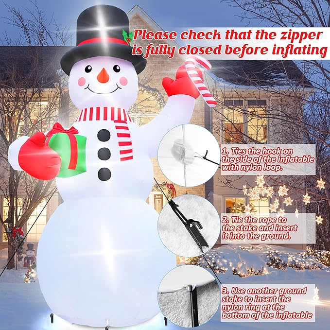 Christmas Inflatables, 14FT Snowman with Present Box and Candy Cane, Lighted Christmas Snowman Blow Up Decorations, Christmas Outdoor Inflatable Decor for Xmas Holiday Party Lawn Garden Patio