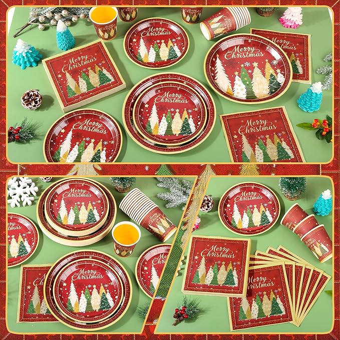 200Pcs Christmas Paper Plates Napkins and Cups Set, Xmas Disposable Party Dinnerware with Merry Tree Design, Holiday Tableware Supplies,Serves 50