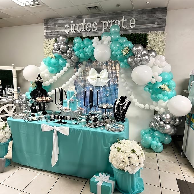 Teal Blue Silver Balloons, 35Pcs Turquoise Light Blue Mint Green Silver White Confetti Latex Balloons Set, Aqua Blue White Silver for Boys Christening Birthday Baby Shower Wedding Party Decorations
