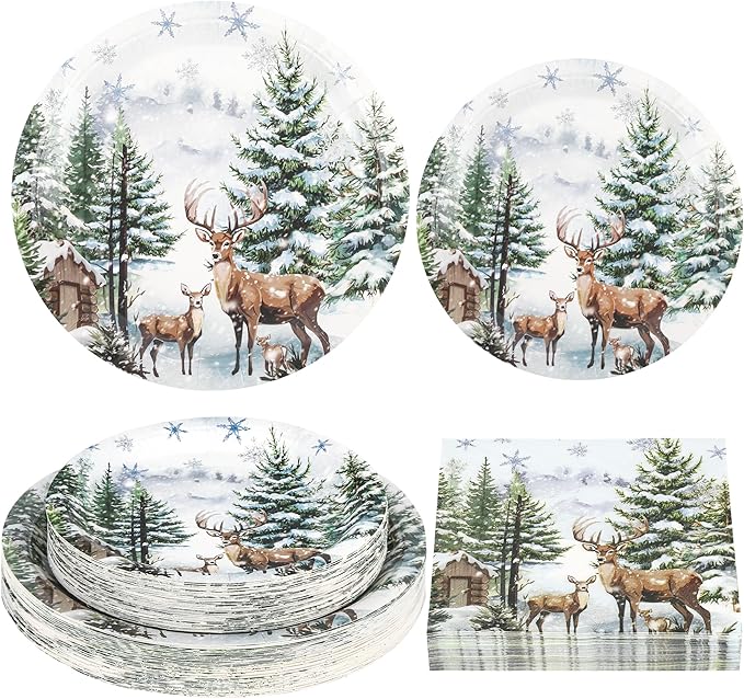 150Pcs Christmas Paper Plates and Napkins Set Christmas Tree Elk Design Disposable Holiday Plates Dinnerware for Xmas Holiday Winter Party,Serves 50