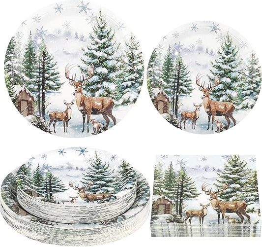 150Pcs Christmas Paper Plates and Napkins Set Christmas Tree Elk Design Disposable Holiday Plates Dinnerware for Xmas Holiday Winter Party,Serves 50