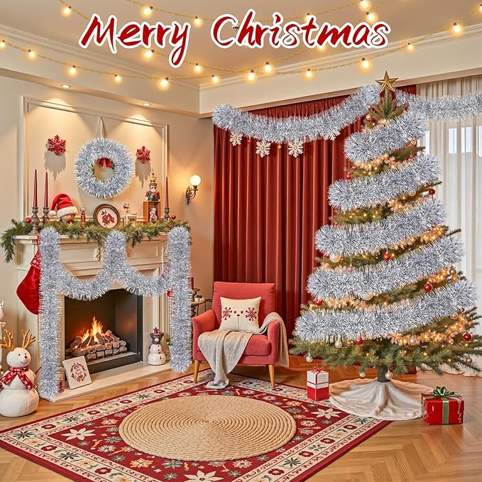 50Ft Christmas Tinsel Garland, Silver Snowflake Metallic Twist Garland for Xmas Tree Decorations, Tinsel for New Year Party Ceiling Hanging Decorations Indoor and Outdoor Decor