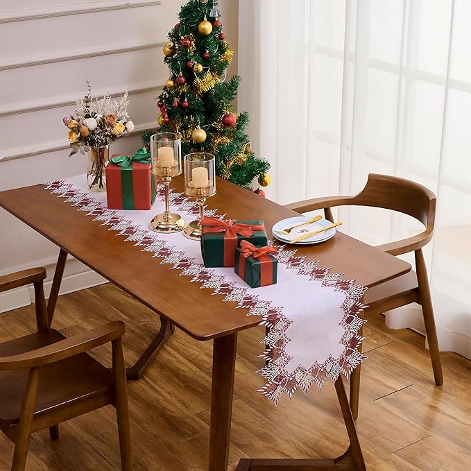 Natural Linen Table Runner 120 inches Neutral Earth Tones Beige Lace Handcrafted Coffee Table Runners Dresser Scarf for Spring Easter Summer Kitchen Wedding Party (16”x120”, Dark Red)