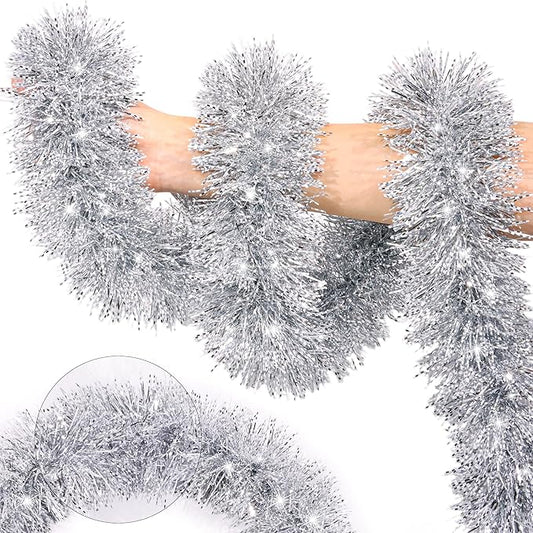 50FT Silver White Christmas Tinsel Garland, Metallic Twist Xmas Garland for Christmas Tree Decorations, Holiday Hanging Garlands for Mantel Staircase Fireplace Indoor Outdoor Home Party Decor
