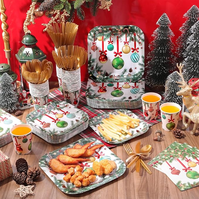 350 Pcs Christmas Party Supplies Christmas Tree Hanging Ball Party Tableware Set Square Paper Plates Disposable Napkins Cups Plastic Cutlery for Xmas Holiday Serves 50 Guests(Xmas Ball)