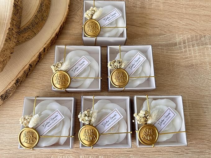 Personalized Rose Shaped Wedding Candle Favors with Seal Wax and Dried Flowers - Scented Soy Wax for Weddings, Bridal Showers, Baby Showers, Birthdays (10-20-30-40-50-100 PCS in Bulk)
