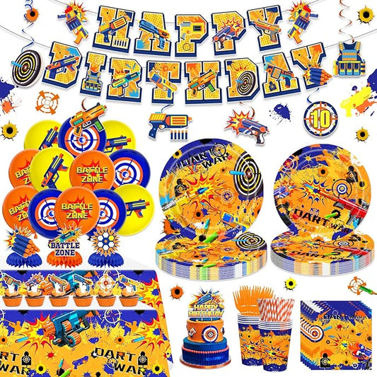 188PCS Dart War Party Supplies Birthday Decorations Dart Battle Disposable Plates Napkins Set, Banner, Hanging Swirls, Tablecloth, Cake Topper, Balloon, Honeycomb Centerpieces Table Decorations