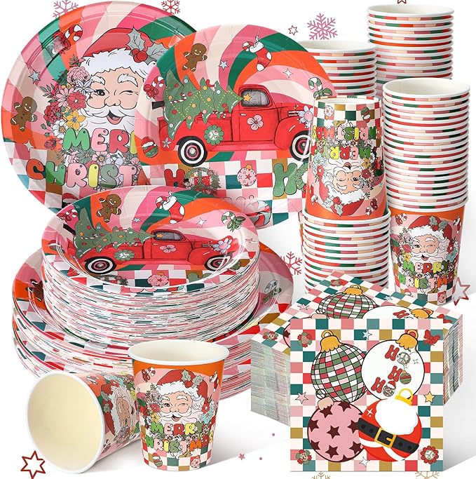 Hsei 250 Pcs Groovy Christmas Plates and Napkins Party decorations Disposable Tableware Sets Baby Shower Birthday Party Supplies Serves 50 Guests Dinnerware Bridal Baby Shower Party Favors