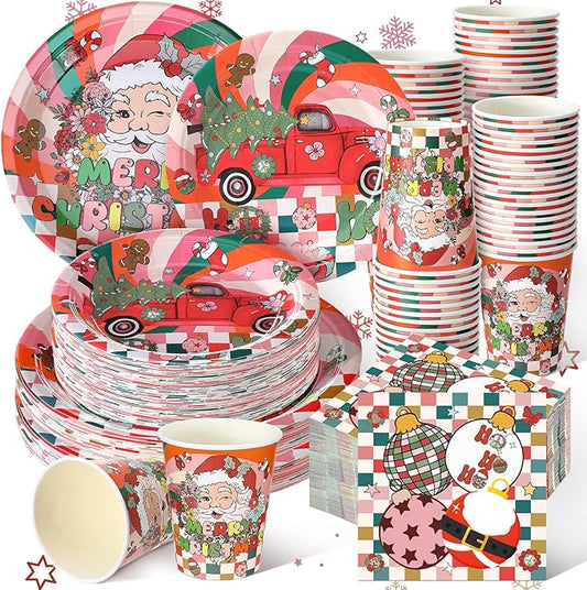 Hsei 250 Pcs Groovy Christmas Plates and Napkins Party decorations Disposable Tableware Sets Baby Shower Birthday Party Supplies Serves 50 Guests Dinnerware Bridal Baby Shower Party Favors