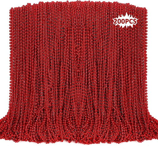 200PCS Bead Necklace, Red Christmas Bead Stuff Party Favors, 33" Red Necklaces Festival Parade Throw Accessories for Wedding Birthday Valentines Mardi Gras Christmas Celebrations Decorations