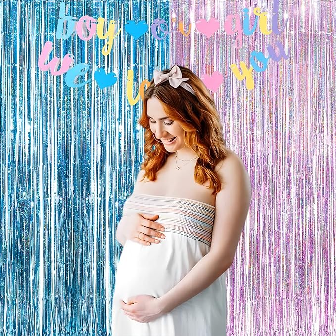 BRAVESHINE Pink Blue Tinsel Foil Fringe Curtains - 2Pcs 3.2x8.2ft Holidays Photo Streamers Backdrop for Christmas/Mermaid/Princess/Easter/Girl or Boy Birthdays/Bridal Shower Party Supplies Decorations