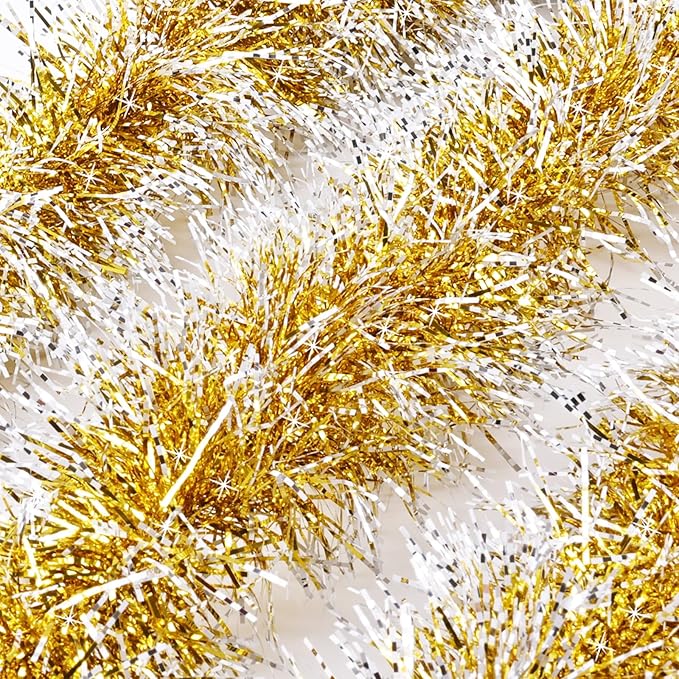 50Ft Christmas Tinsel Garland, Gold Snowflake Metallic Twist Garland for Xmas Tree Decorations, Tinsel for New Year Party Ceiling Hanging Decorations Indoor and Outdoor Decor