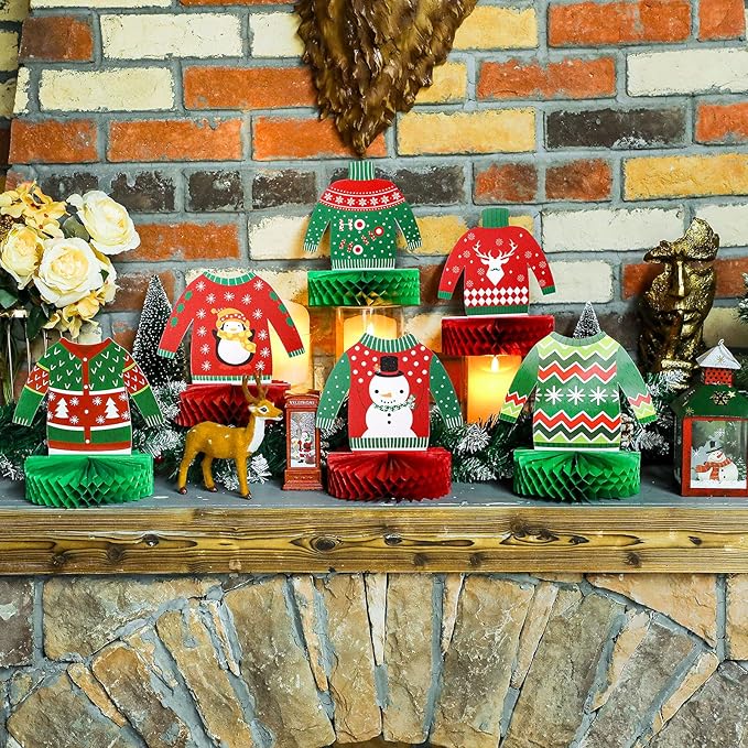 Christmas Ugly Sweater Party Decorations Honeycomb Centerpieces for Christmas Sweater Party 3D Table Topper Decorations Ugly Cutouts Merry Christmas Winter Holidays Supplies, 6 Styles
