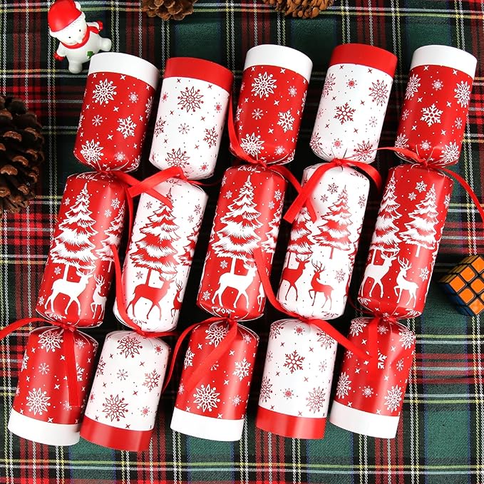 10 Pack Christmas No Snap Party Favor with Red & White Snowflake Design with Party Hat, Joke & Little Gift Inside for Kids, Xmas Gift, Christmas Seasonal Holiday Party Dinner Traditions Supplies