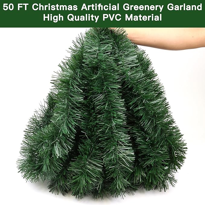 50 Feet Christmas Garland Christmas Decor, Artificial Greenery Pine Garlands Xmas Decorations for Mantle Stairs Fireplace Home Holiday Party Soft Green Garland Christmas Decoration Indoor Outdoor