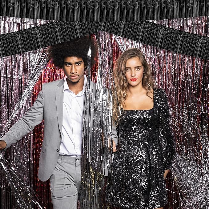 10 Pack 10 Feet Black Foil Fringe Garland Metallic Tinsel Streamers Banner Wall Hanging Curtain Backdrop for Parade Floats, Bachelorette, Wedding, Birthday, Halloween, Christmas Party Decorations