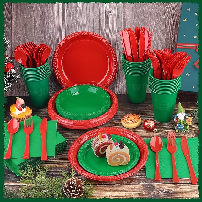 240 Pieces Christmas Plastic Dinnerware Set Disposable Party Plates Napkins Cups and Silverware Dessert Dinner Plates for Birthday Wedding Party Supplies, Serves 30 Guests, Red and Green