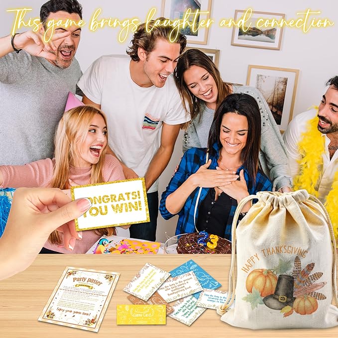 Thanksgiving Turkey Pass The Bag Game - 44 Fun Game Cards & 1 Pumpkin Canvas Bag - Thanksgiving Games for Friends Family, Holiday Gatherings - Fall Harvest Activity, Office & Home Party Supplies - A02